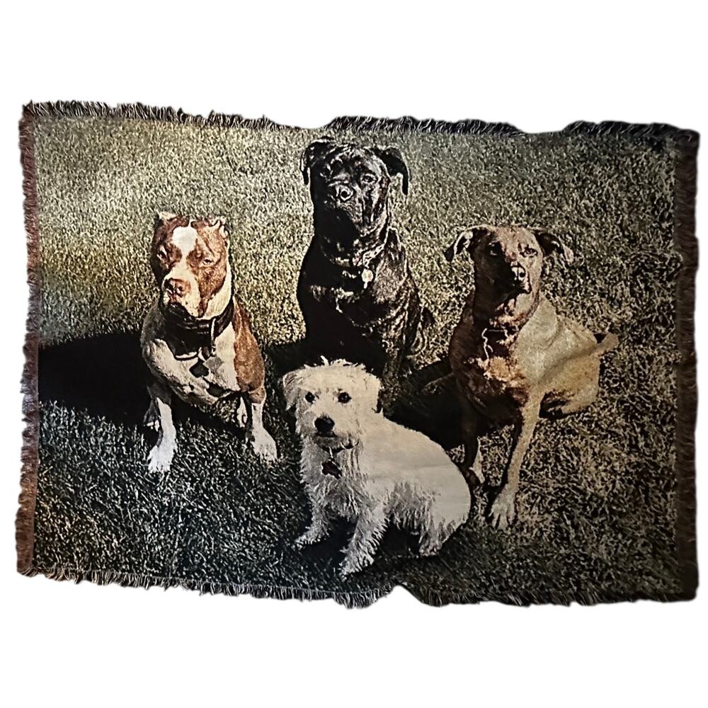 Tapestry Dog Throw Blanket Fringed Trim Woven Novelty 4 Dogs Couch 72x52 - Picture 3 of 3